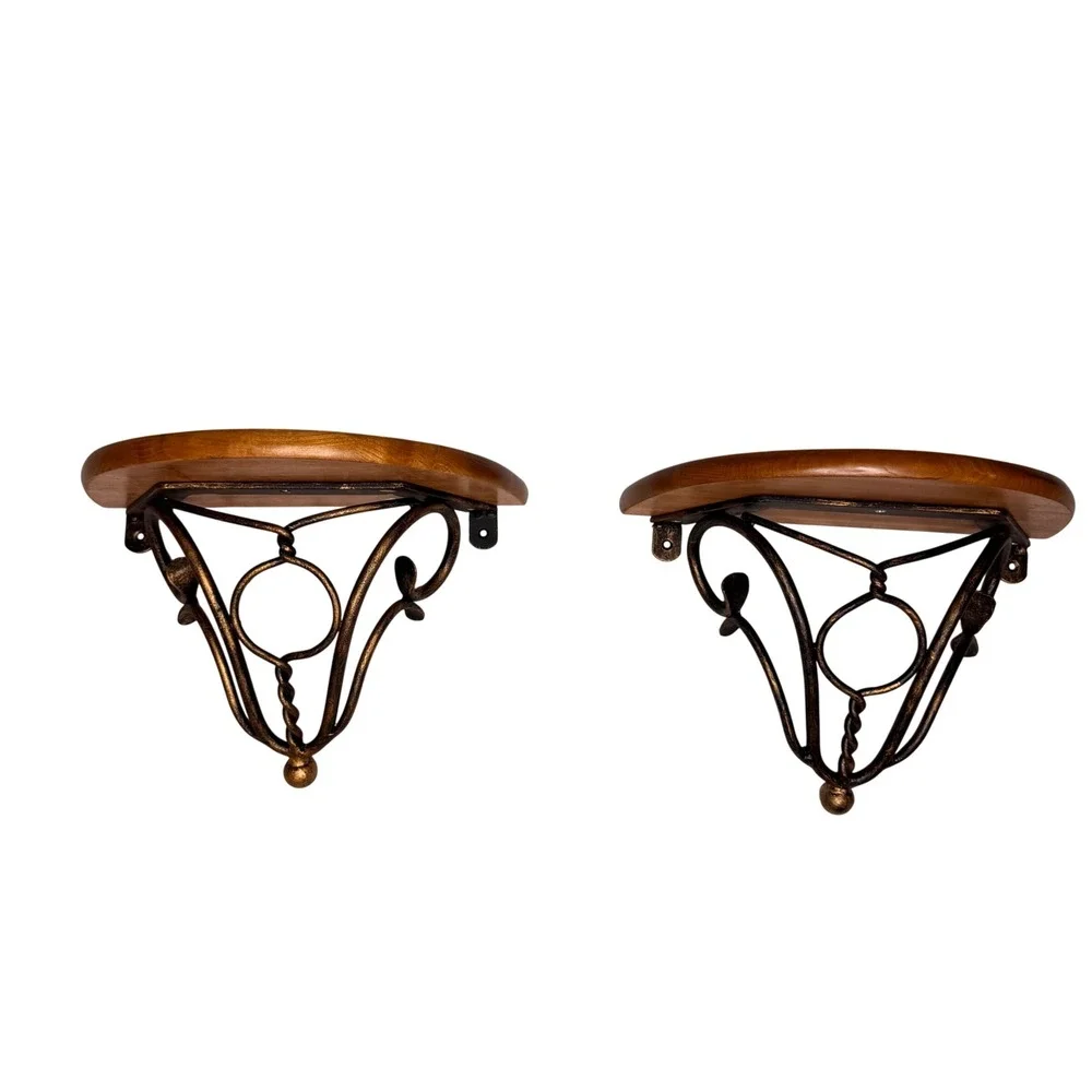 Set of 2 Wood and Scrolled Metal Wall Floating Shelves Sconces Half Moon 13x7